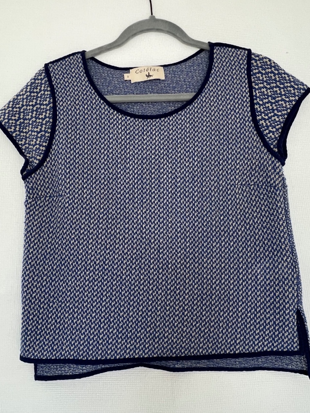 Cotélac France Blue Cream Micro Pattern Knit Cap Sleeve Cotton Top XS
